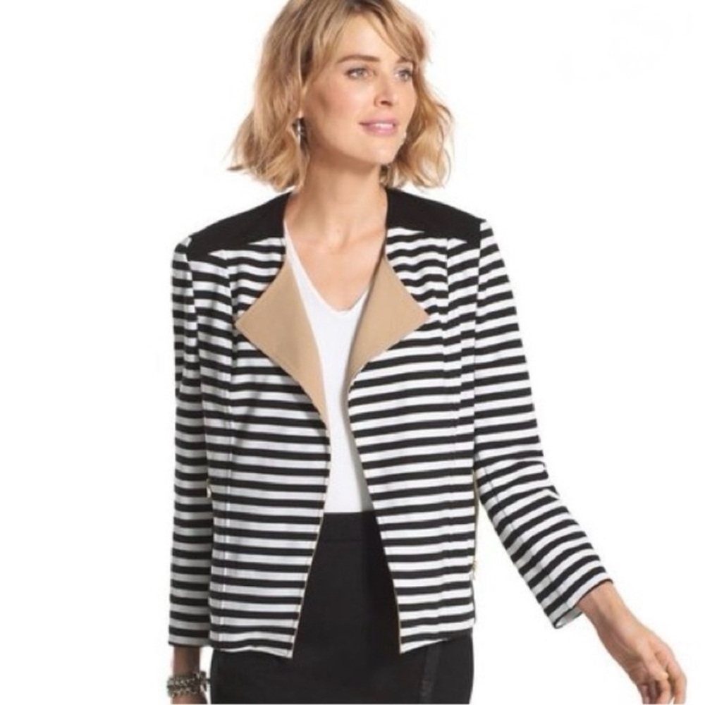 Chico’s NWT Striped Colorblock Moto Jacket Size 0 Black White Tan Gold Zip